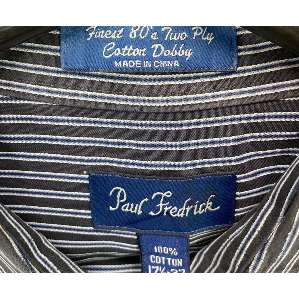 Paul Fredrick‎ Shirt 17.5 Mens Button Up LS Collared Black Blue White  Striped - Picture 3 of 4